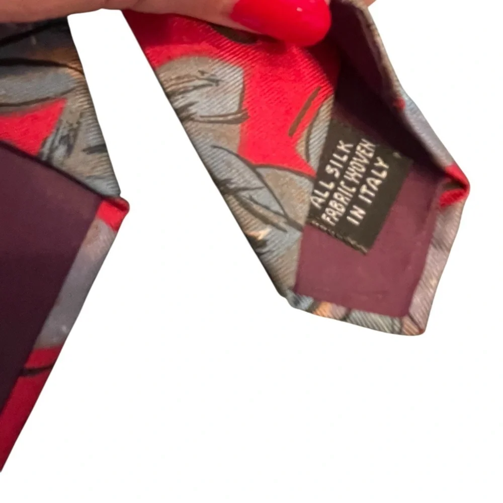 ❤️CHRISTIAN DIOR stylish vintage colorful men’s silk tie. Red. tan, Gray-teal.